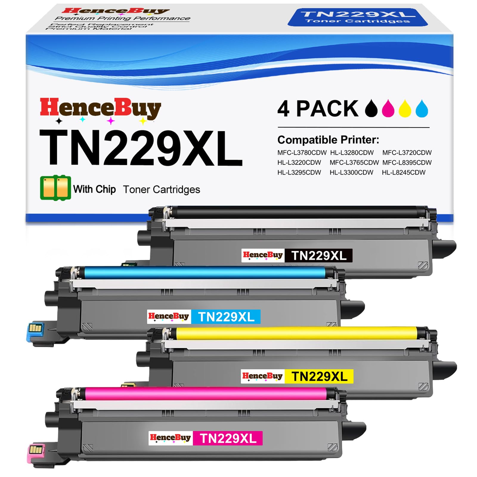 Lot de 4 cartouches de toner compatibles TN229XL TN-229XL TN229 XL pour imprimante MFC-L3720CDW MFC-L3780CDW HL-L3220CDW HL-L3280CDW HL-L3300CDW B/C/M/Y)
