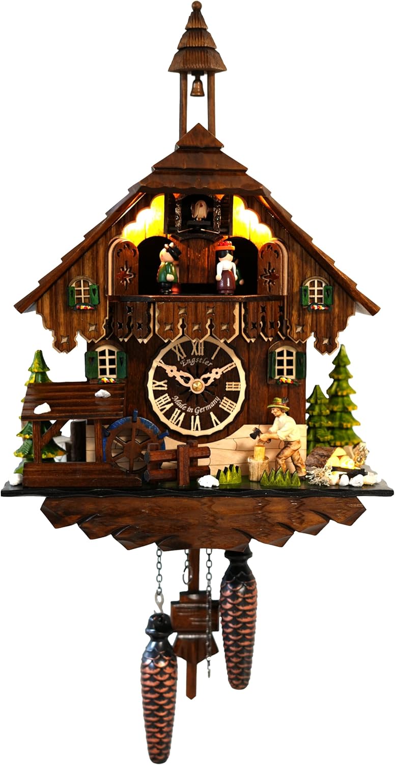 Engstler Quartz Cuckoo Clock Black Forest House with Moving Wood Chopper and Mill Wheel, with Music