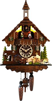 Engstler Quartz Cuckoo Clock Black Forest House with Moving Wood Chopper and Mill Wheel, with Music and Lighting