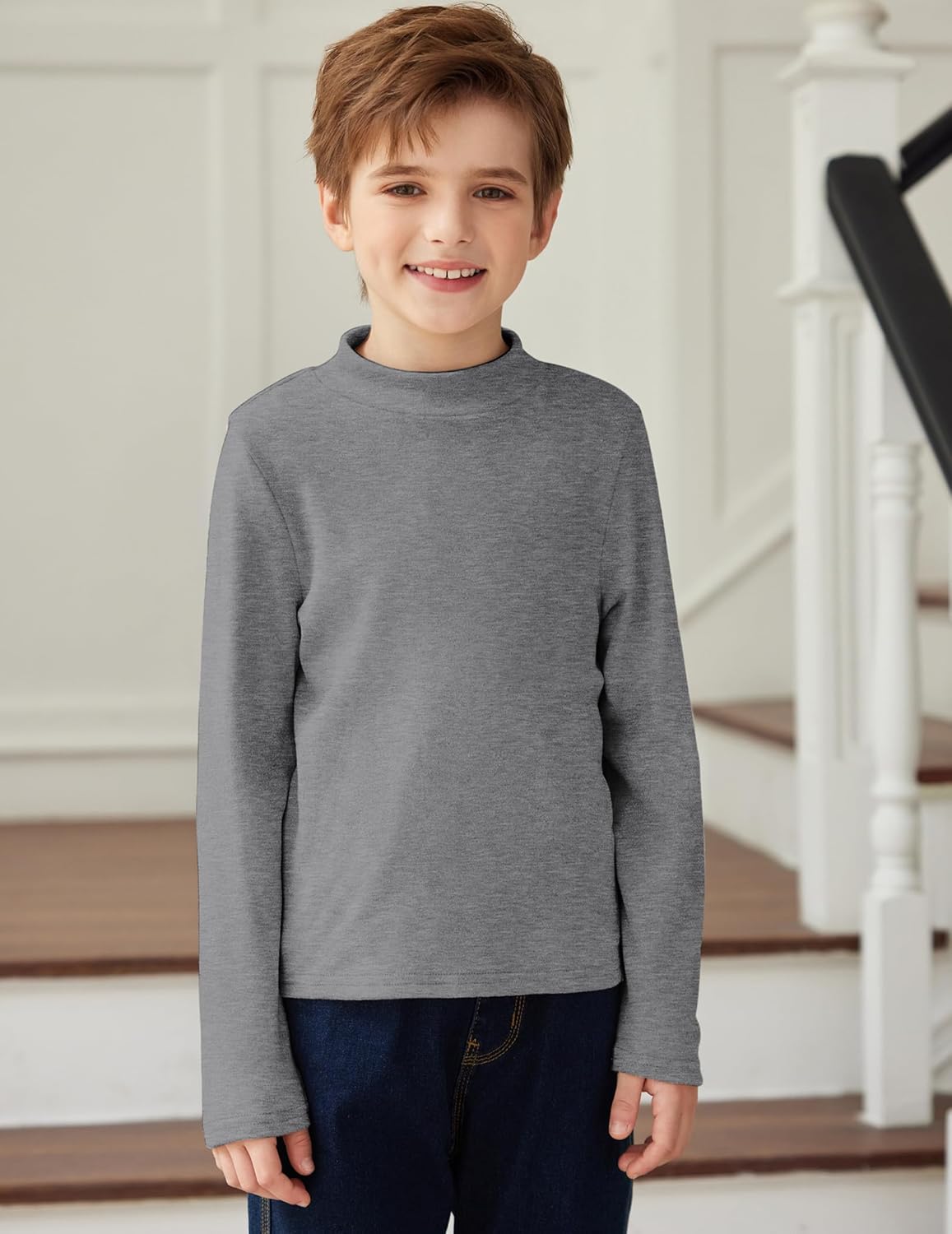 Arshiner Boys Long Sleeve Turtleneck T-Shirt Solid Color Warm Tee Tops Casual Thermal Pullover for Kids 5-12 Years - Image 2