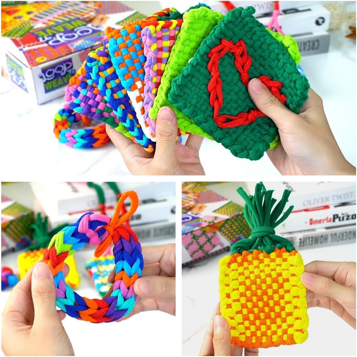 janeunique Métier à tisser pour enfants, ensemble de métier à tricoter pour filles de 6, 7, 8, 9, 25, 25, 30, 30, 12, 17,8 cm, crochet en métal, navette, peigne à tisser, sac à main, cadeau pour