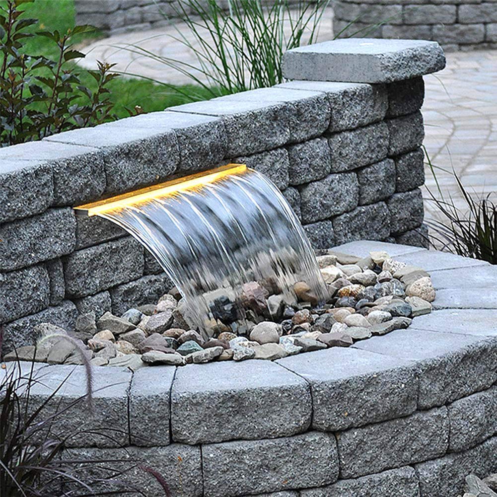 Fontana per Piscina in Acciaio Inox, Cascata per Piscina, con Striscia Luminosa a LED, Cascata con Canale di Scarico Rettangolare, per Acquario, Giardino, Esterno, irrigatore