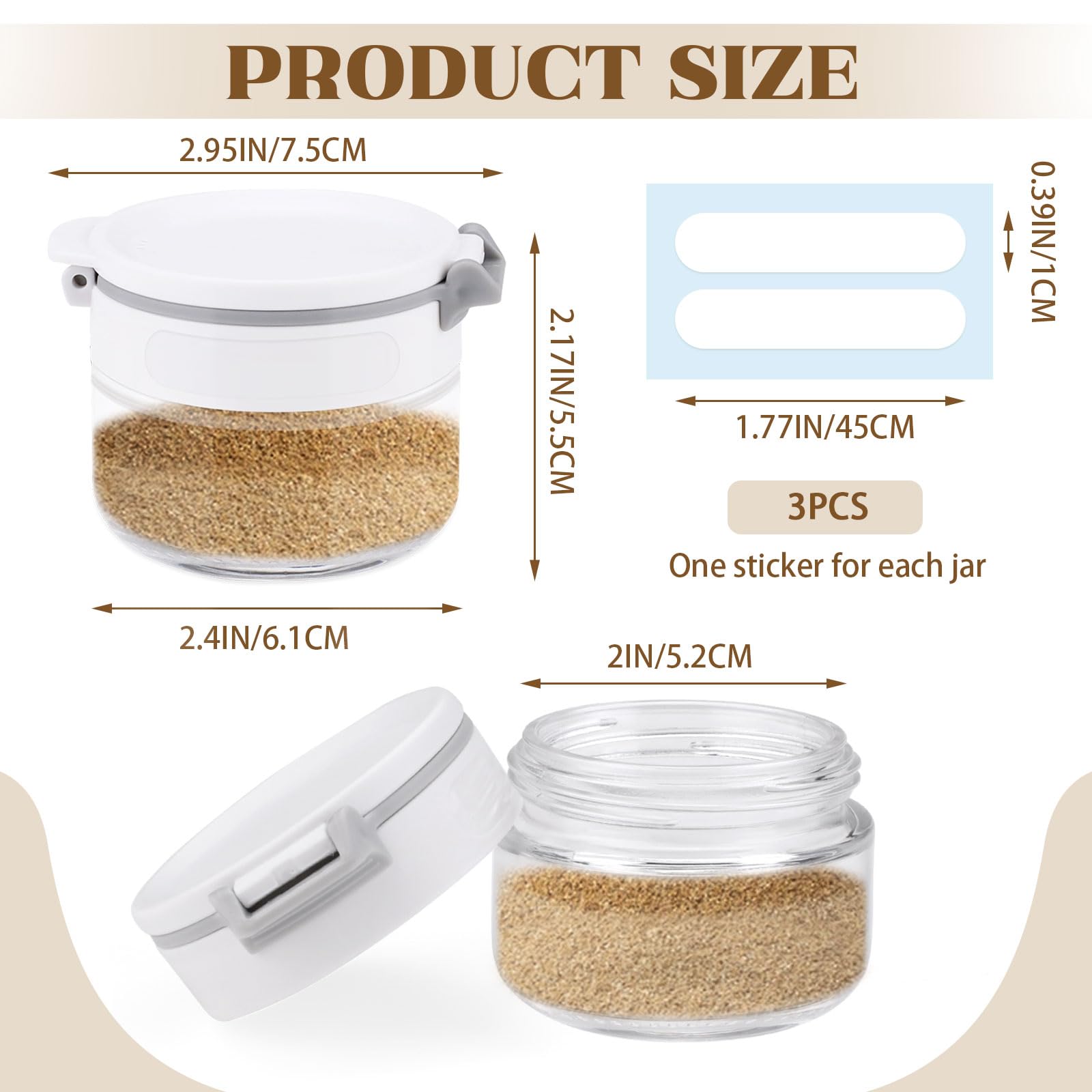 Diakey 3 Pack Spice Shaker for Salt & Pepper, Anti-Clogging, Airtight Lid, Seasoning Containers Glass Spice Jars with 2 Hole Sizes and Labels, 2.9oz