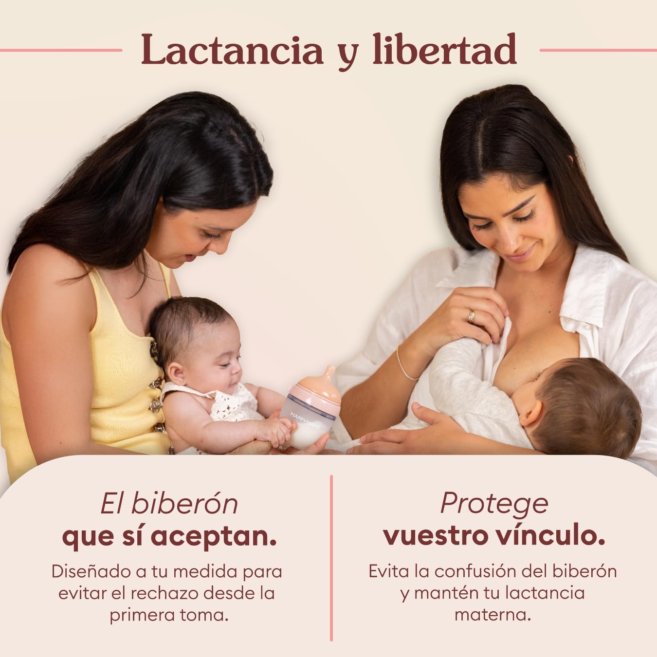 HappyMami, Set de 2 Biberones Personalizables, Tetina de Silicona Grado Alimentario, Doble Sistema Anticólicos, Apto para Lavavajillas, Calientabiberones, Para todo tipo de Lactancia