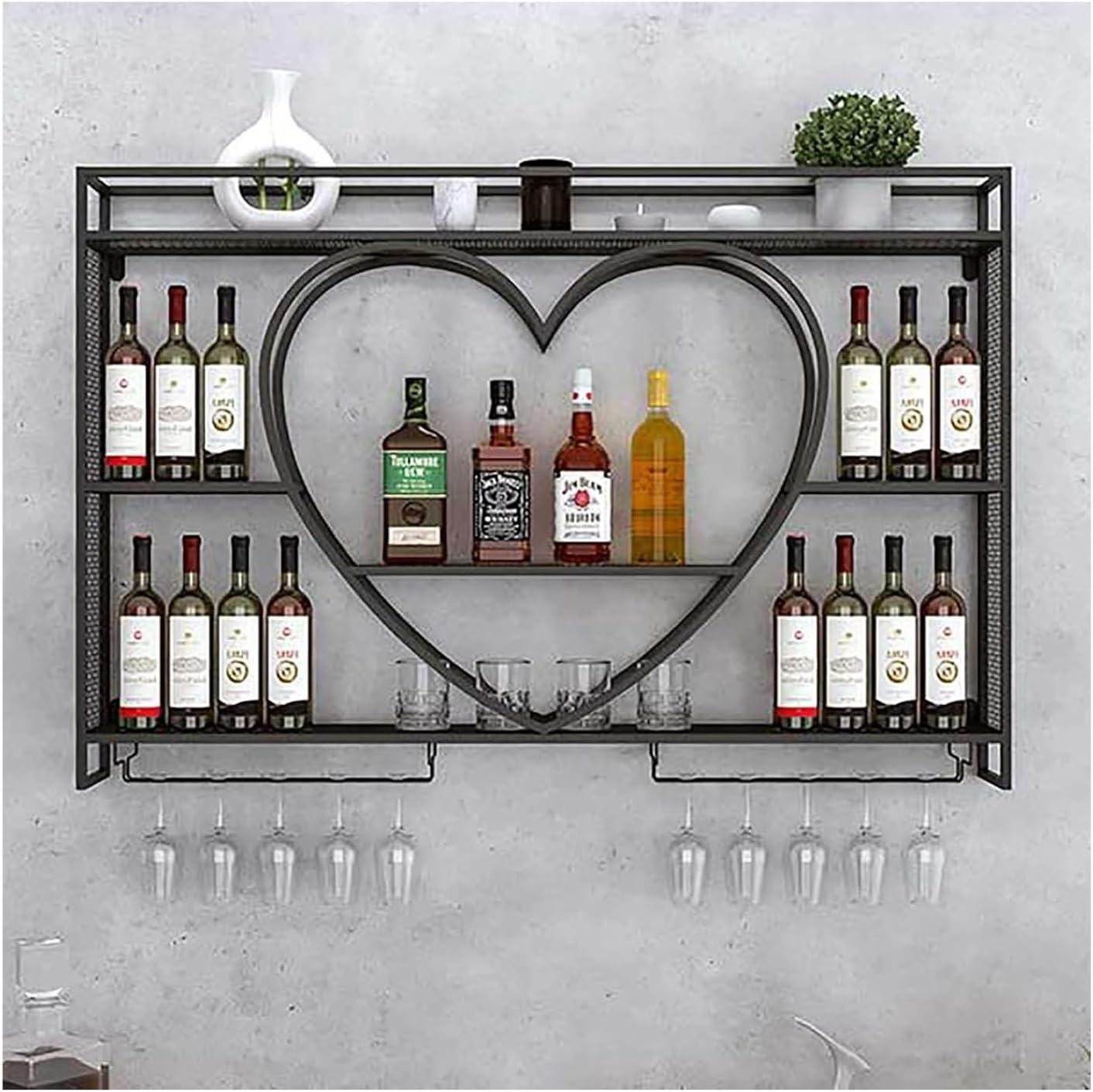 Wall Mounted Wine Rack with LED Light Floating Liquor Shelves Wine Glass Holder Multi Functional Display Storage Liquor Bottles Shelf for Kitchen Home Bar Cafe Black (120x15x)