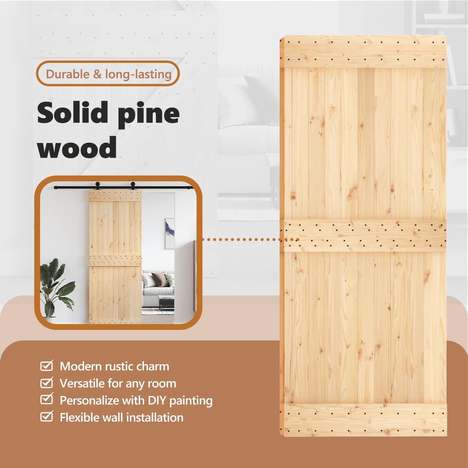 vidaXL Puerta Narvik Natural 85 x 210 cm Madera de Pino Sólido, Puerta Rectangular Moderna, Interior de Pino, Ahorra Espacio, Separador Contemporáneo de Habitaciones, Diseño Funcional