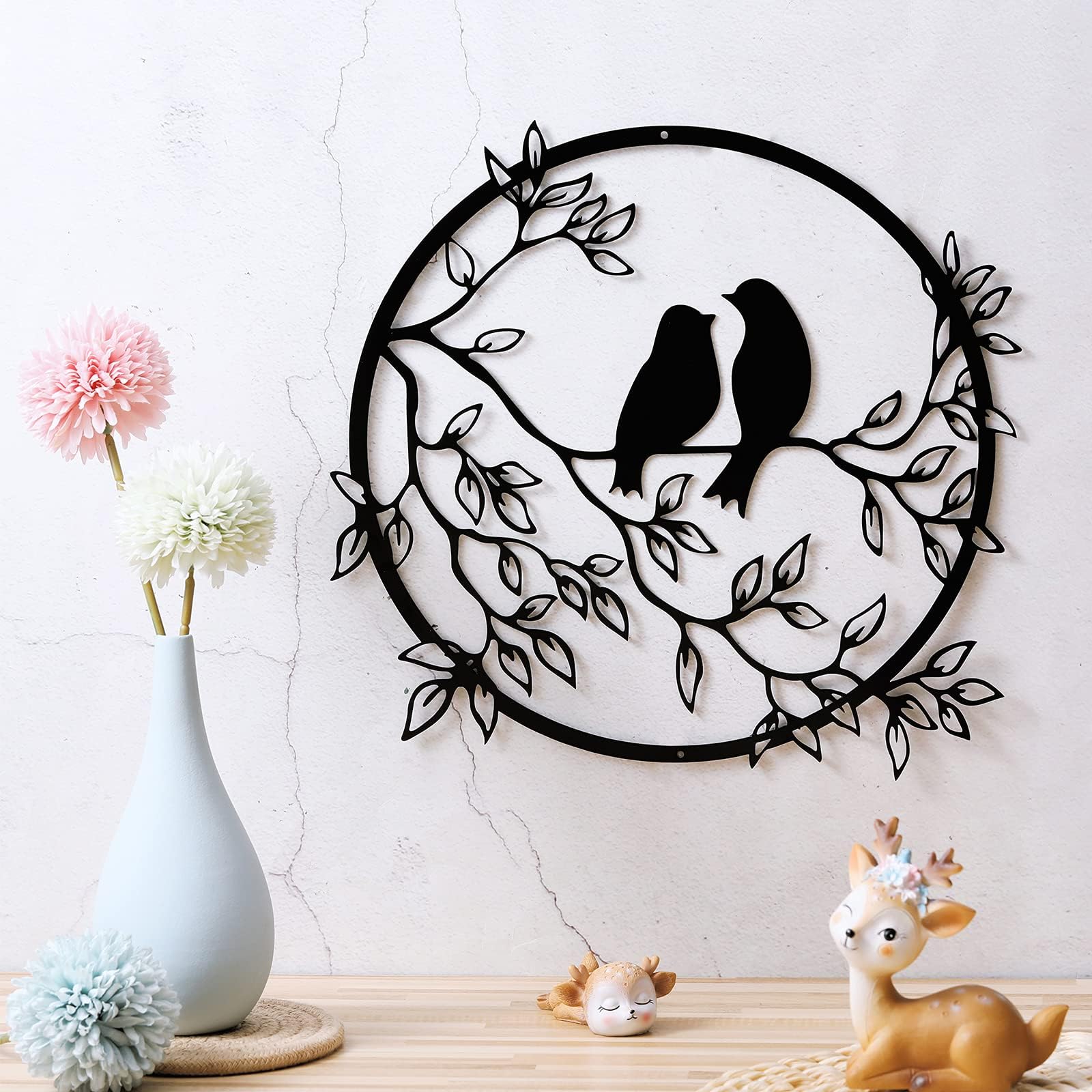 Ferraycle Metal Wall Art Bird on Tree Branch Bird Wall Silhouette Bird Wall Art Decor for Living Room Garden Bedroom Office Home Wall Housewarming Party Decor (Black)
