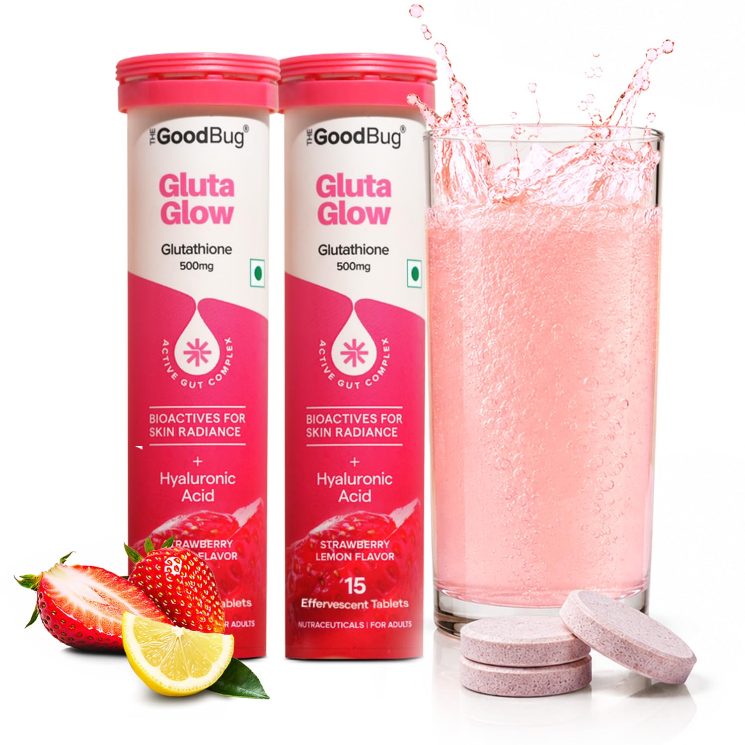 The Good Bug Gluta Glow Effervescent Tablets for Radiant Skin - 30 Tablets (Pack of 15 x 2) | L-Glutathione, Vitamin C, Lycopene For Skin Glow & Anti-Pigmentation | Strawberry Lemon-image-24