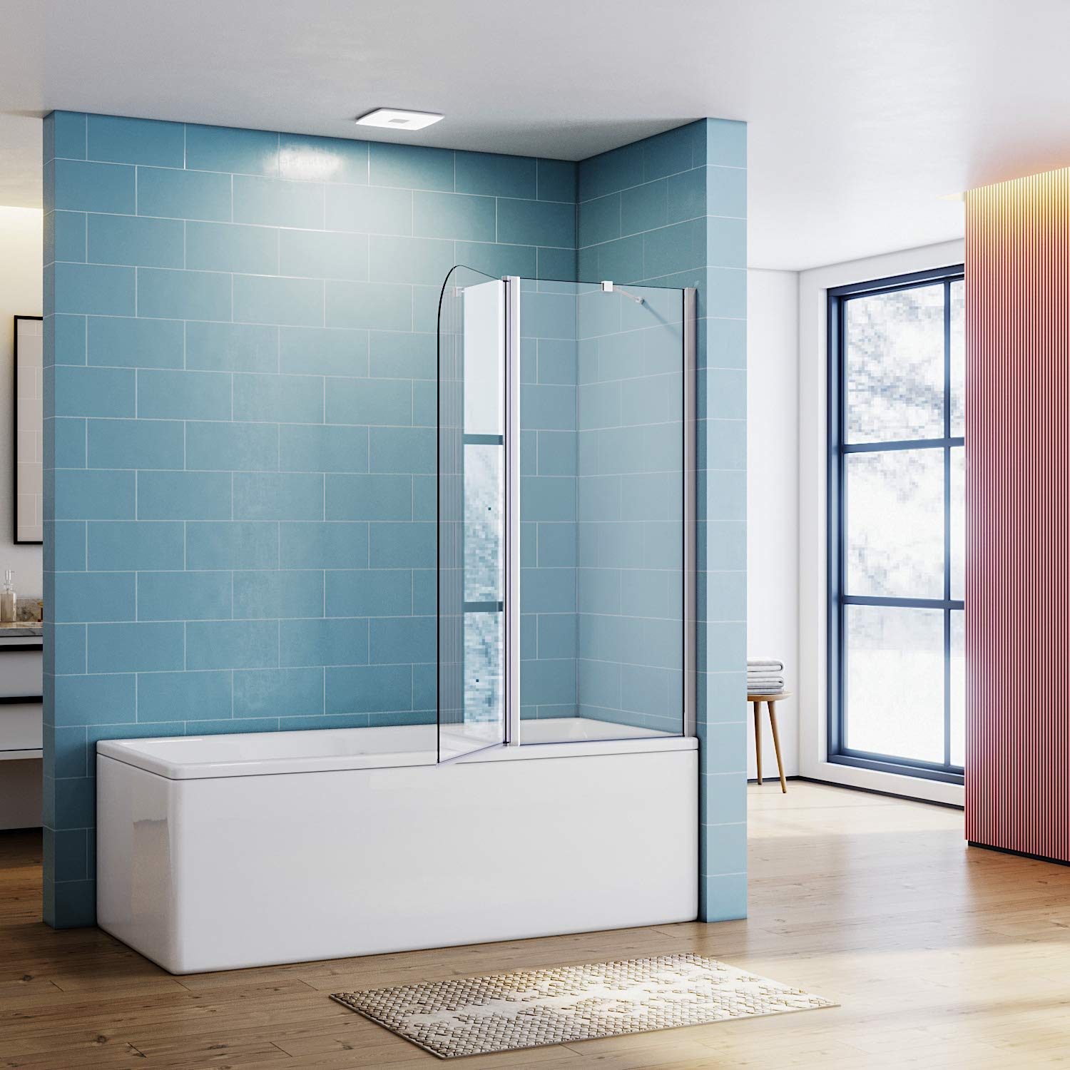 ELEGANTE Parete Vasca da Bagno Doccia 120x140cm, Parete Sopravasca, con Barra Stabilizzatrice, Smerigliato Vetro Trasparente 6mm per Vasca da Bagno, Attacco Vasca, Parete Doccia