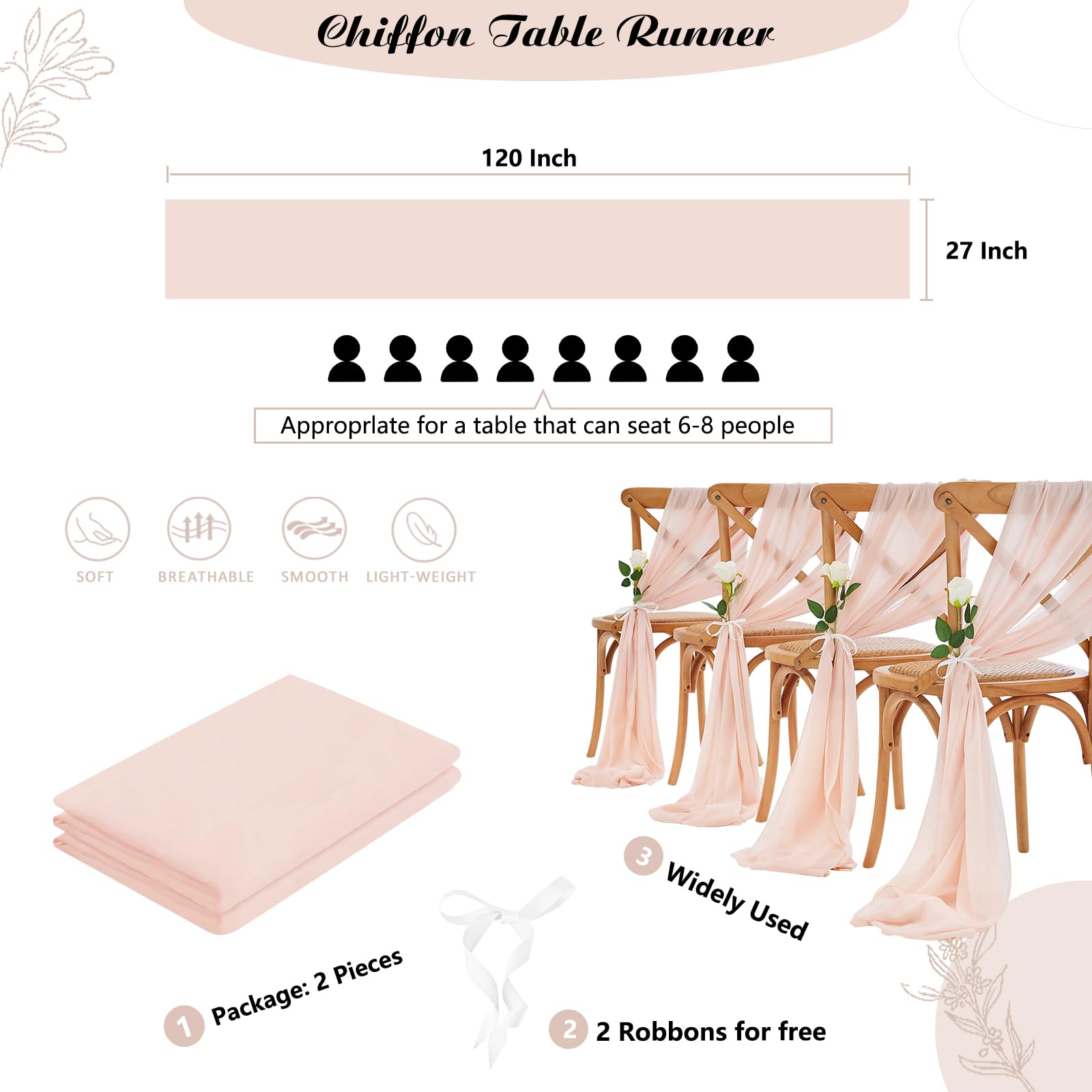 Lot de 2 chemins de table longs en mousseline de soie - 68,6 x 304,8 cm - Pêche clair