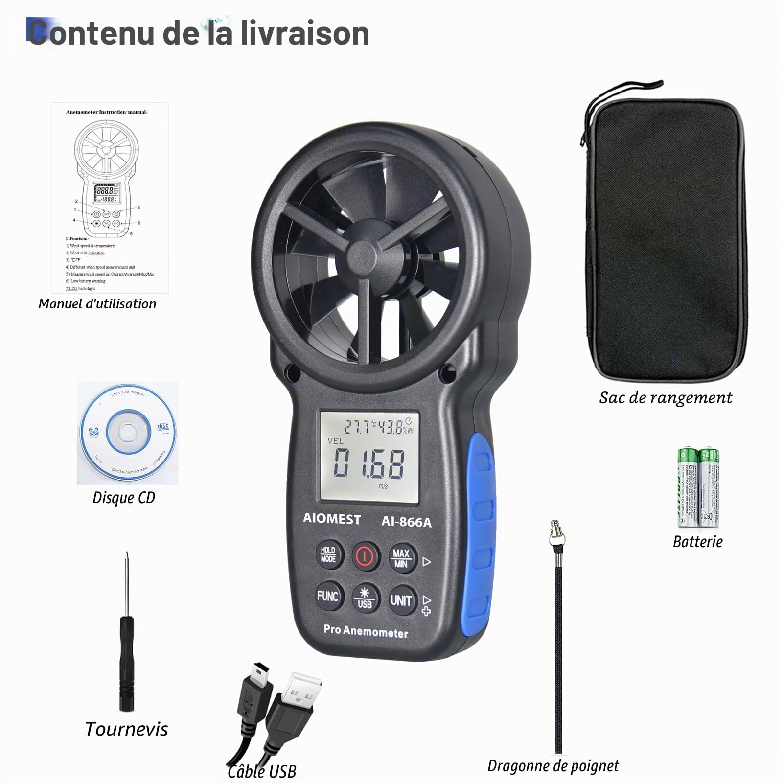 Anémomètre VMC m3/h Professionnel, AIOMEST Numérique Débitmètre d'Air AI-866A Mesurant la Vitesse, le Débit HVAC, Humidité, la Température pour Ventilation CVC, Extérieur Drones