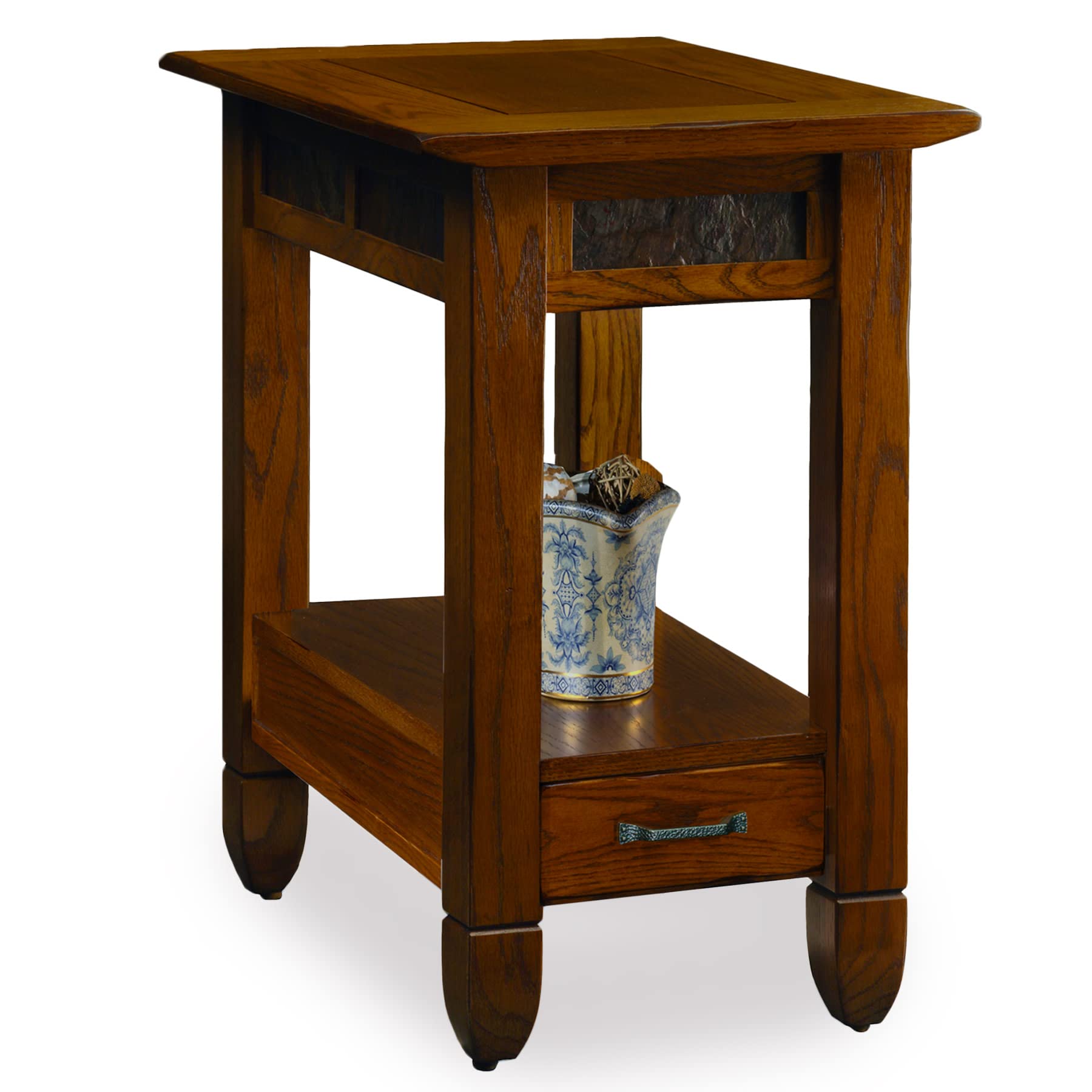 Leick Home Sibley End Table, Solid Wood, 1 Storage Drawer, Slate Tile Details, Bottom Display Shelf, Easy-Assembly, For Living Room/Bedroom, Rustic Oak, 24.5 in L x 15.25 in W x 24 in H, 10906