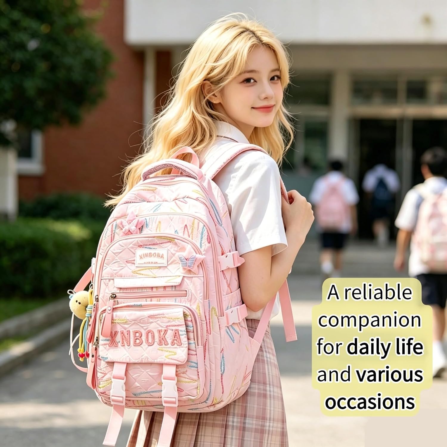 Cute Backpack with Star Badges & Moon Charm, Lightweight Stylish Multi-compartment Daypack with Anti-Theft Pocket (pink, Large)