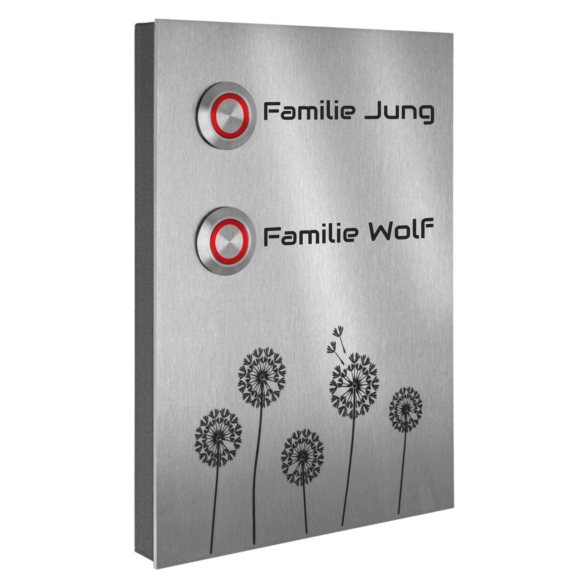 Jung Edelstahl Design Zweifamilienhaus Aufputz Türklingel Kiel1-2AG Motiv Pusteblume Klingelschild 17x12 cm Klingel Mehrfamilienhaus