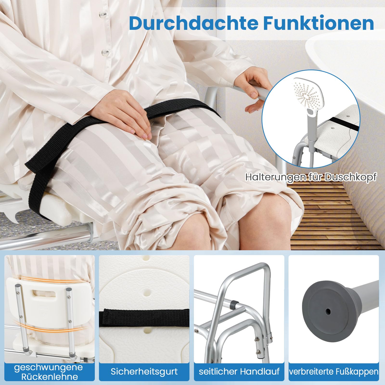 RELAX4LIFE Badewannensitz Höhenverstellbar & Verschiebbar, Breiter Sitz, Wannensitz mit Rückenlehne, Armlehne & Sicherheitsgurt, Duschstuhl für Senioren und Behinderte, Duschsitz bis 159 kg belastbar