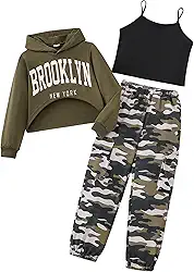 Conjunto de 3 peças de roupas de treino para meninas, regata cropped e moletom com capuz de manga comprida, 7 a 14 anos