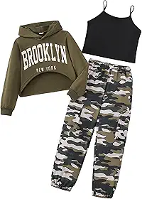 Conjunto de 3 peças de roupas de treino para meninas, regata cropped e moletom com capuz de manga comprida, 7 a 14 anos