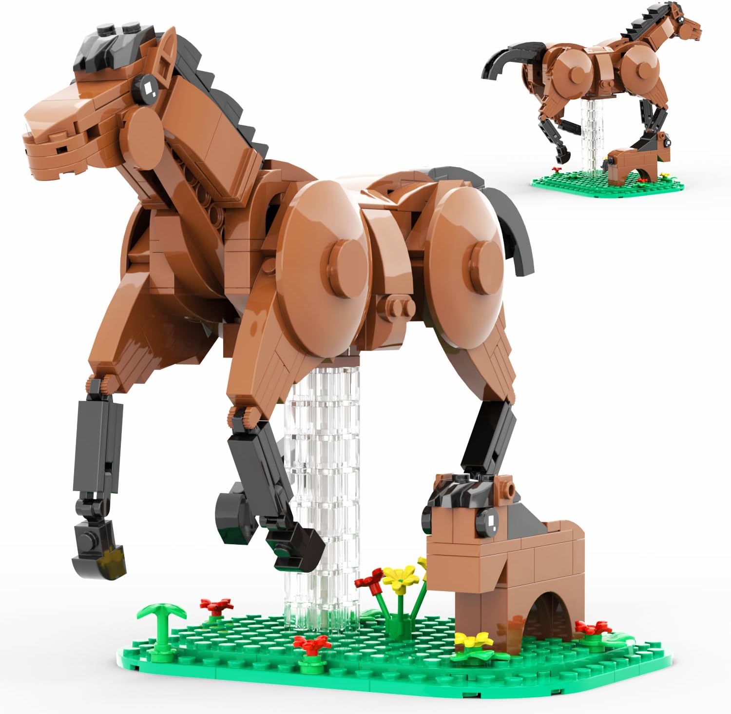 Horse Toys Building Set, Realistic Horse Figurines 2-in-1 Mother & Foal Horse with Green Base, Flowers & Grass, Creative Animal Building Toy for Kids Ages 6+