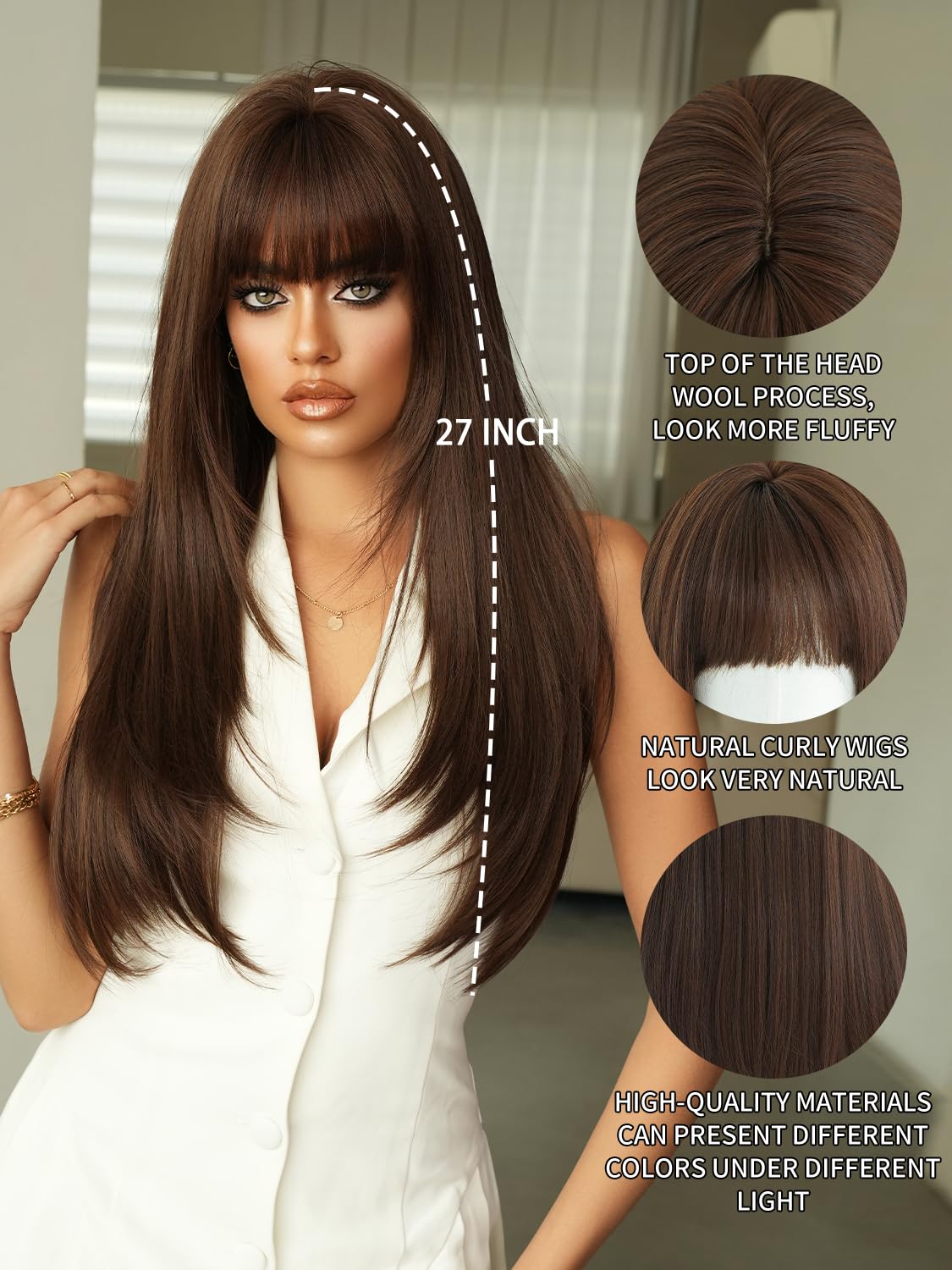 7JHH WIGS 26IN Long Hair Natural Dark Brown Straight Wigs High Layered Cut Women Synthetic Heat Resistant Fiber Bangs Wig for Women Fashion Edgy Daily Party Cosplay