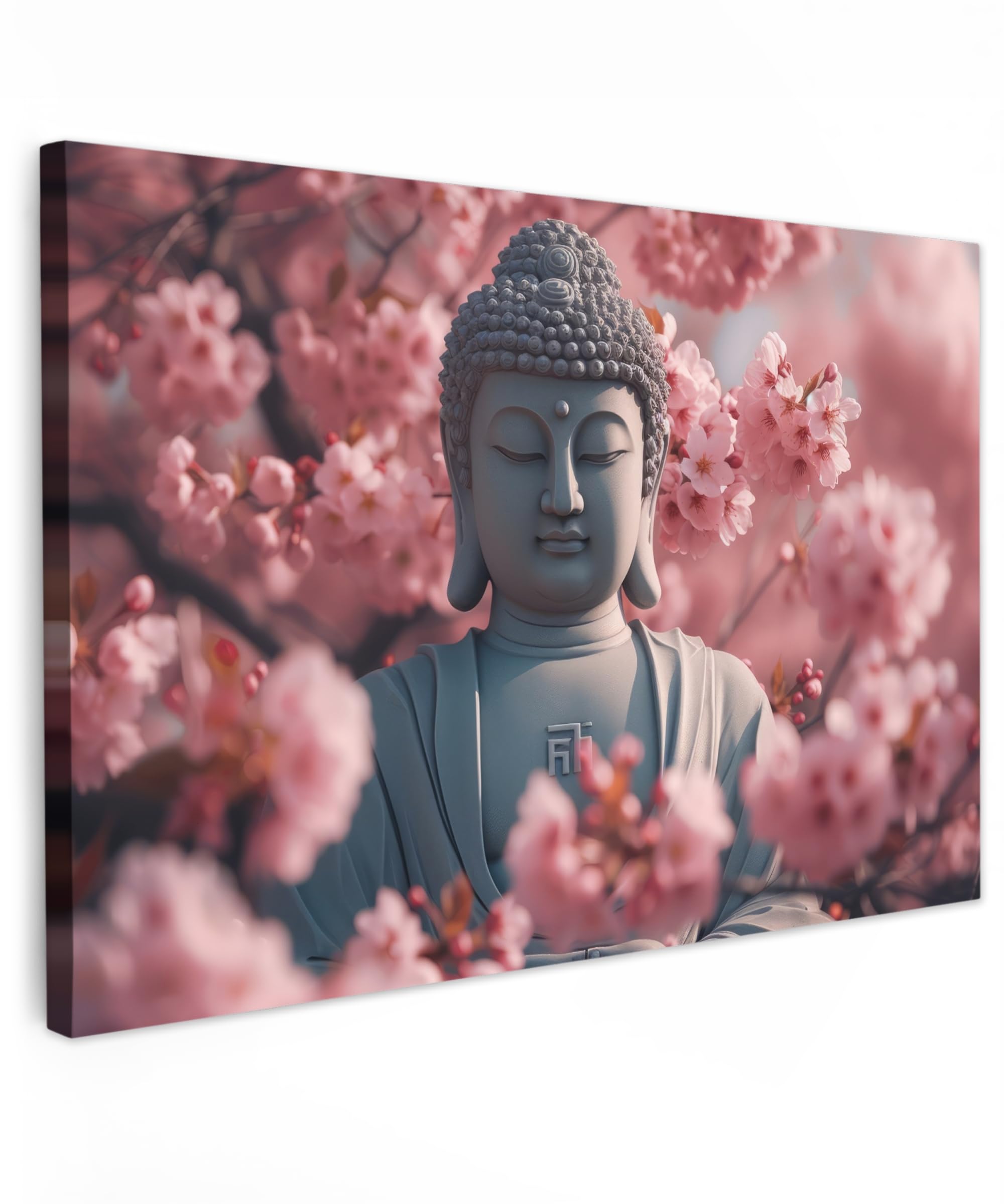 MuchoWow© Bilder 60x40 cm Wohnzimmer Deko Modern Wandbild Kunstdruck auf Leinwand Bild Schlafzimmer über Bett Room Decor Geschenke Buddha - Statue - Sakura - Kirschblüte