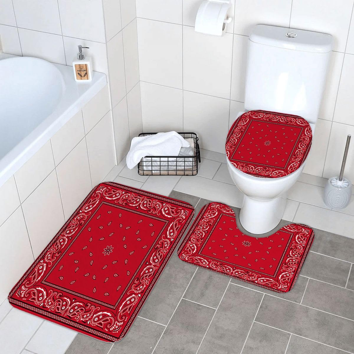 Ansouyi Abstract Paisley 4Pcs Bathroom Shower Curtain Sets with Non-Slip Rugs, Toilet Lid Cover and Bath Mat, Red Bandana Western Durable Waterproof Shower Curtain for Bathroom Set, 72x72 Inch