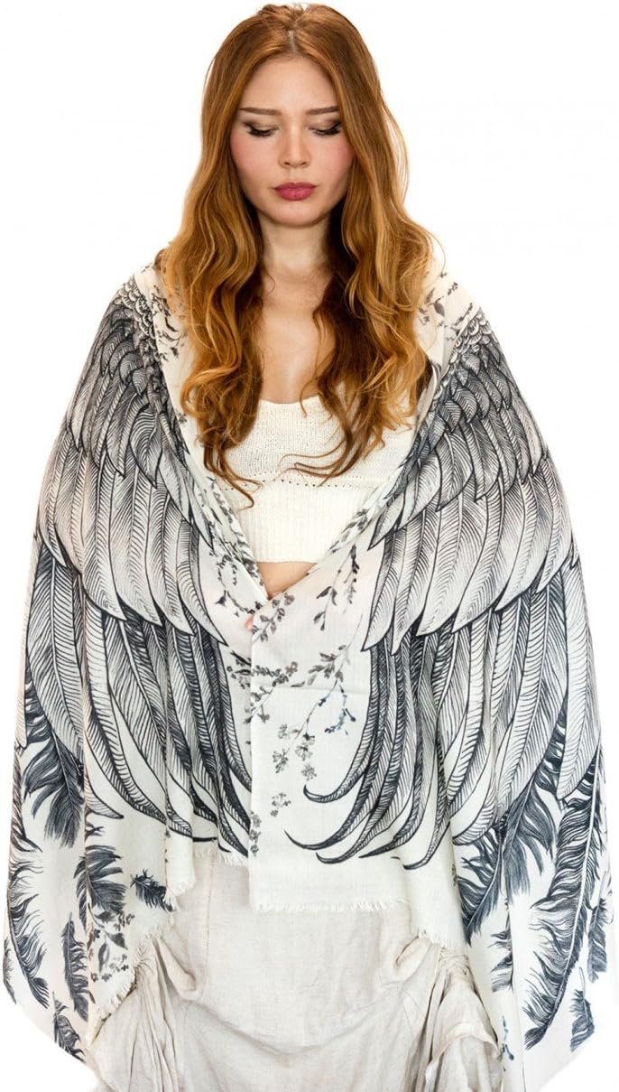 Delicately Hand Painted Silk & Cashmere White Bird Feather Wrap Scarf