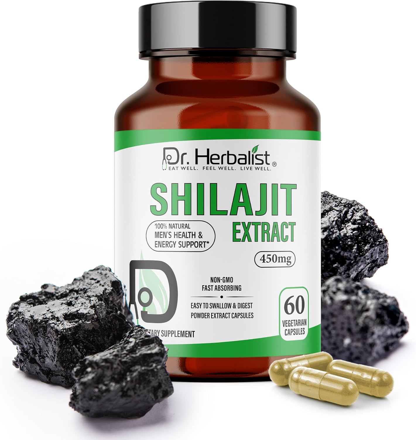 Dr. HERBALIST Shilajit Extract 450mg – 60 Vegan Capsules | 10:1 Extract = 4,500mg Raw Shilajit | Standardized to 20% Fulvic Acid | Himalayan Resin Supplement | Natural Plant-Based Support