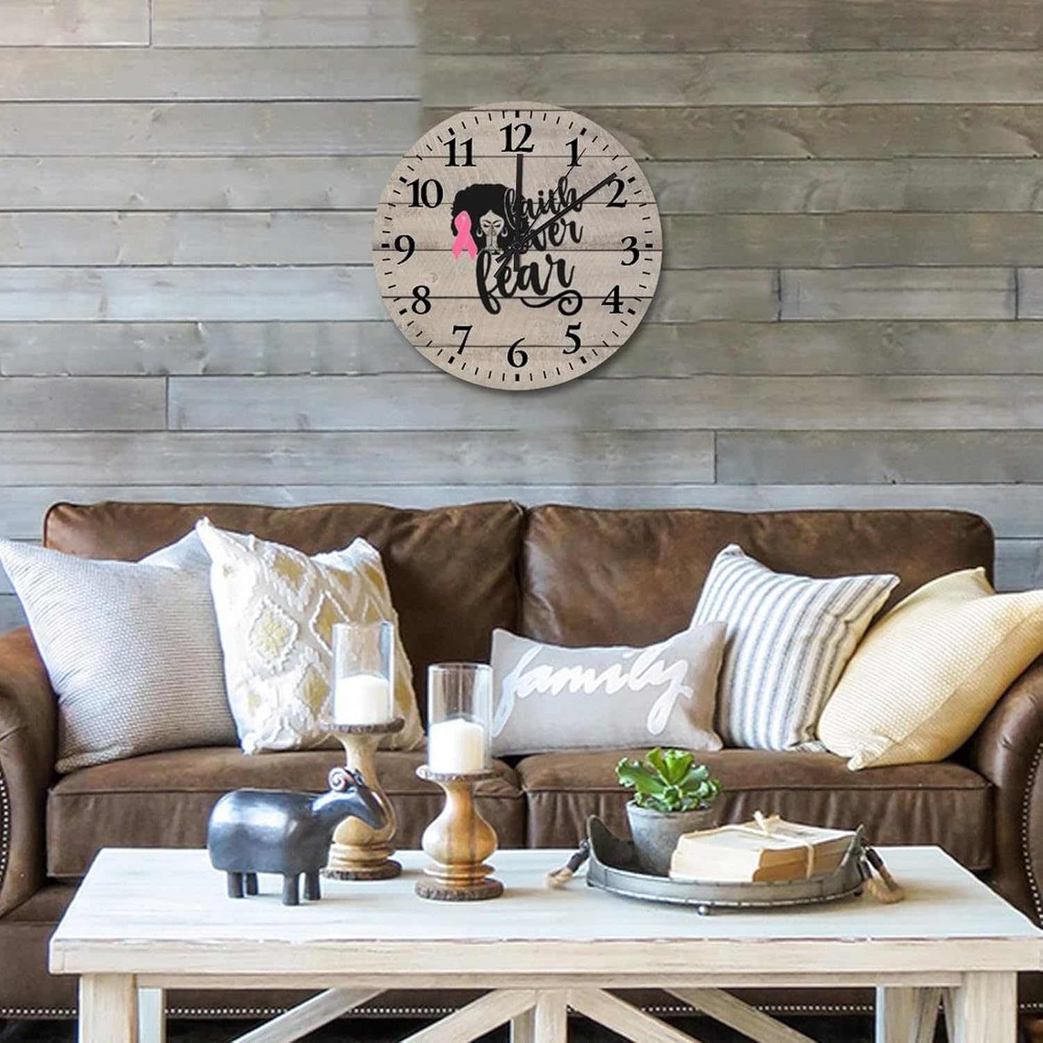 Wall Clock Breast Cancer Faith Over Fear Kitchen Wall Clock Quality Quartz Non Ticking Arabic Numbers Breast Cancer Awareness Month Pink Ribbon Round Clock for Living Room 15 Inch