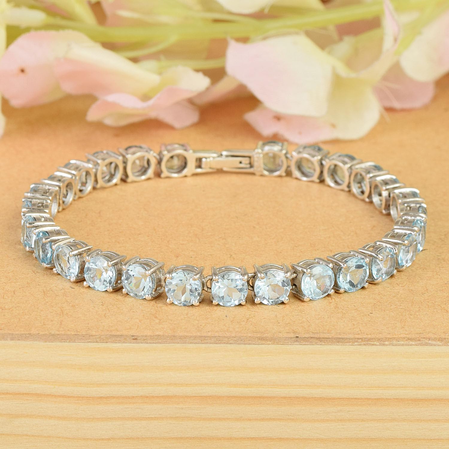 Pulsera de tenis de topacio azul para mujer, piedra natal de diciembre, piedra preciosa azul facetada redonda, plata de ley 925, chapada en rodio blanco, cierre de caja, joyería