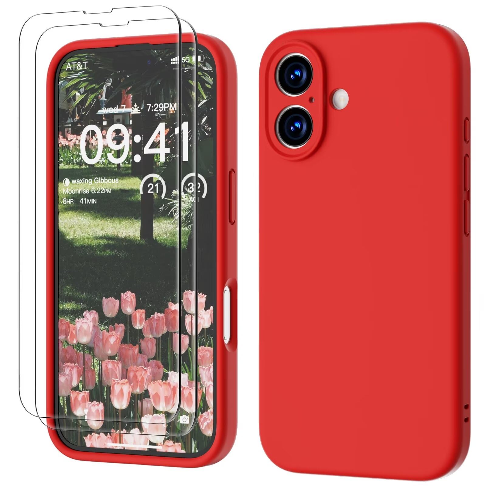 GOODVISH 3 in 1 Silicone Cover per iPhone 16 6.1", Custodia con 2 Pellicola Vetro Temperato [Protezione Fotocamera] 360° Protezione Anticaduta Case per Cellulare Antiurto Resistente, Rosso