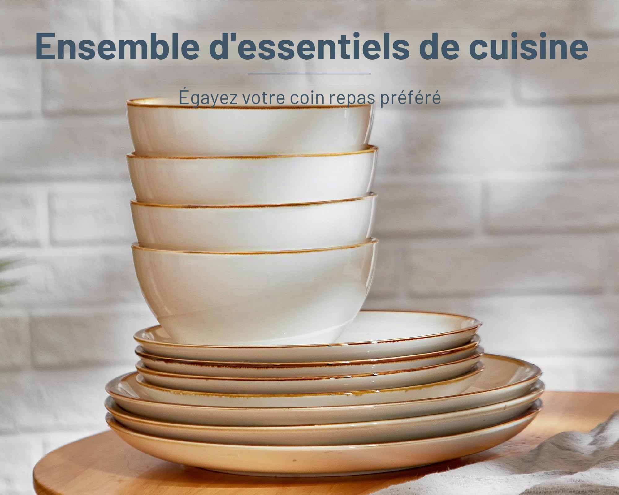 ONEMORE 12 Pcs Service de Table en Porcelaine Complet Moderne pour 4 Personnes, 4 Pcs * [Assiette Plate][Assiette à Dessert][Bol à Céréale], Cremeweiß