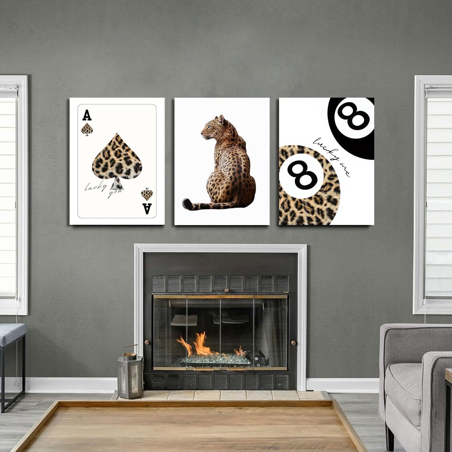 Trendy Leopard Canvas Wall Art Set of 3 - Cheetah Prints Wall Decor Pictures, Funky Lucky You 8 Ball Poster Preppy Aesthetic Paintings, for Girls Bedroom Dorm Apartment 12x16 inch Framed