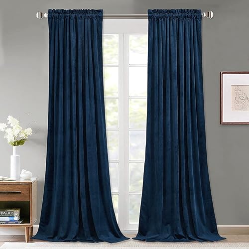 StangH Navy Blue Velvet Curtains 84 inches - Luxury Decor Blackout Thermal Insulated Sliding Door Curtains Drapes with Dual Rod Pocket for Living Room/Guest Room, Navy Blue, W52 x L84, 2 Panels