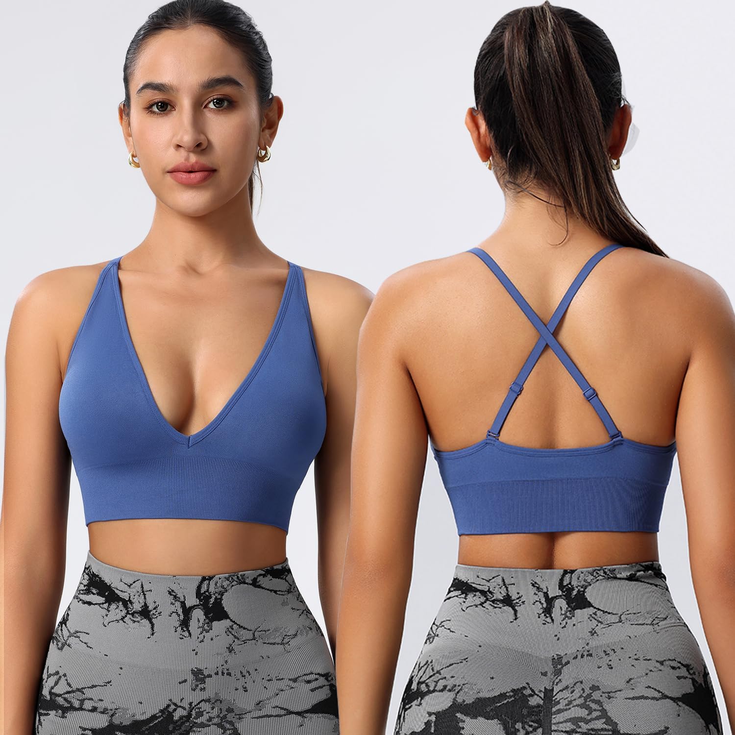 Evercute Women's Sports Bras 3/4 Pack Adjustable Deep V Neck Bras Wireless Spaghetti Strap Criss Cross Padded Low Support Bra - Image 2