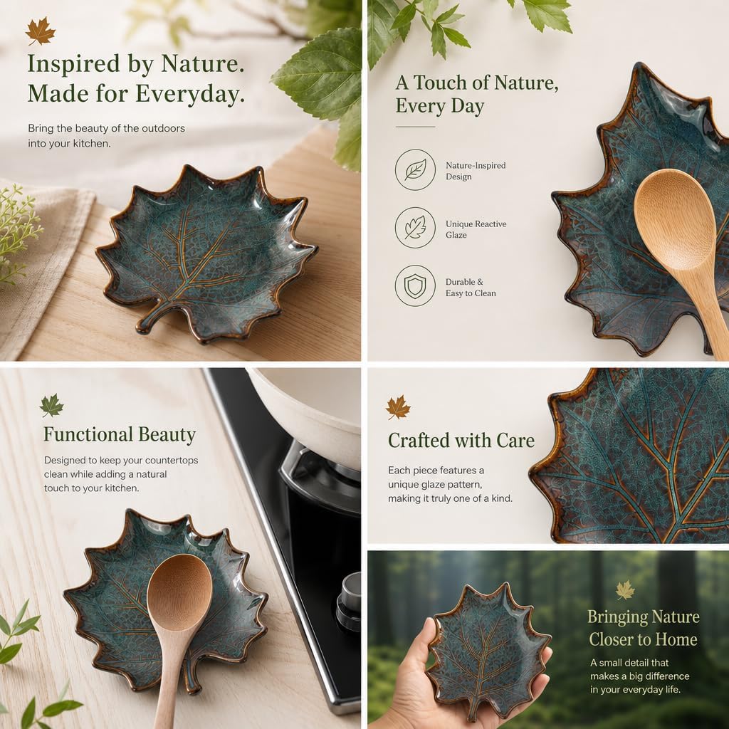 2 PCS Spoon Rest Ceramic Leaf Shaped for Stove Top & Kitchen Countertop - Cute Large Porcelain Spoon Holder Utensil Rest Spatula Rest for Cooking, Farmhouse Kitchen Decor image 5