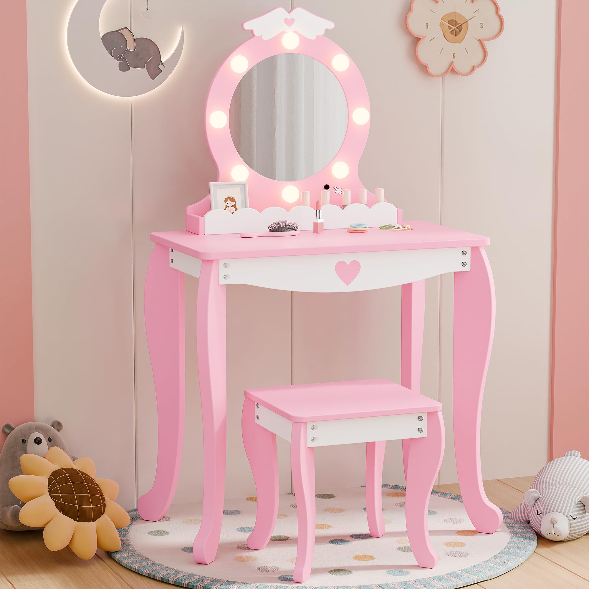 mu kids vanity set with lighted mirror and stool kids make up vanity desk with storage space wing pattern for little girls toddler princess makeup dressing table with chair set pink