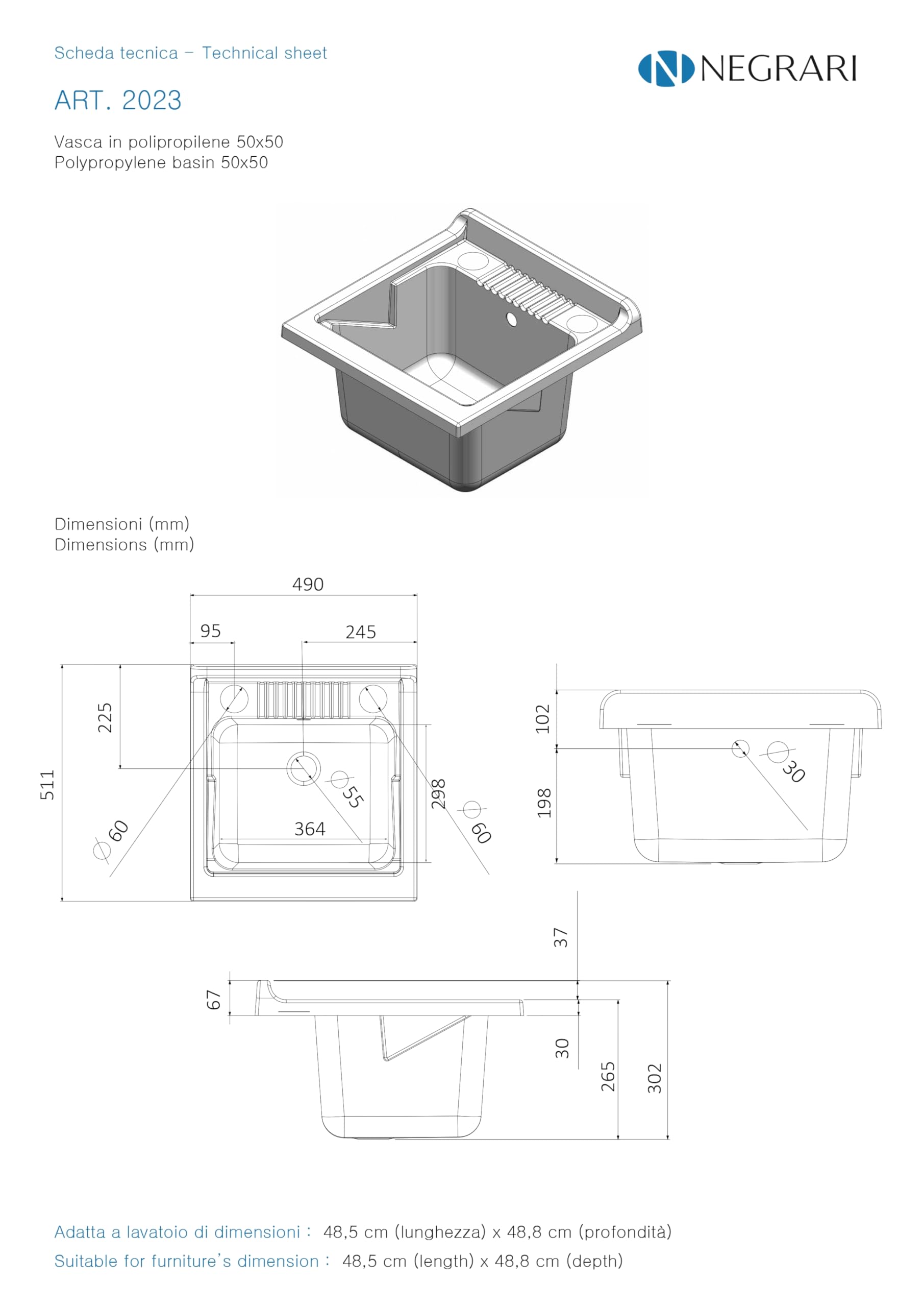 Negrari Bañera de apoyo de resina PP para lavabo, resistente a la humedad, resistente a los ácidos de uso común, kit de desagüe incluido, interior y exterior, 50 x 50 x 30 cm, blanco