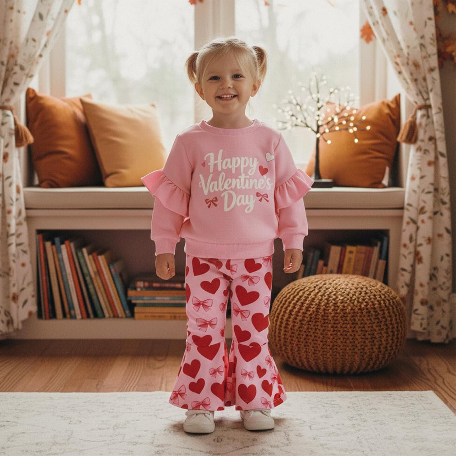 Toddler Baby Girl Valentines Day Outfit Heart Bow Print Ruffle Long Sleeve Sweatshirt Flare Pants 2pcs Clothes Set - Image 3