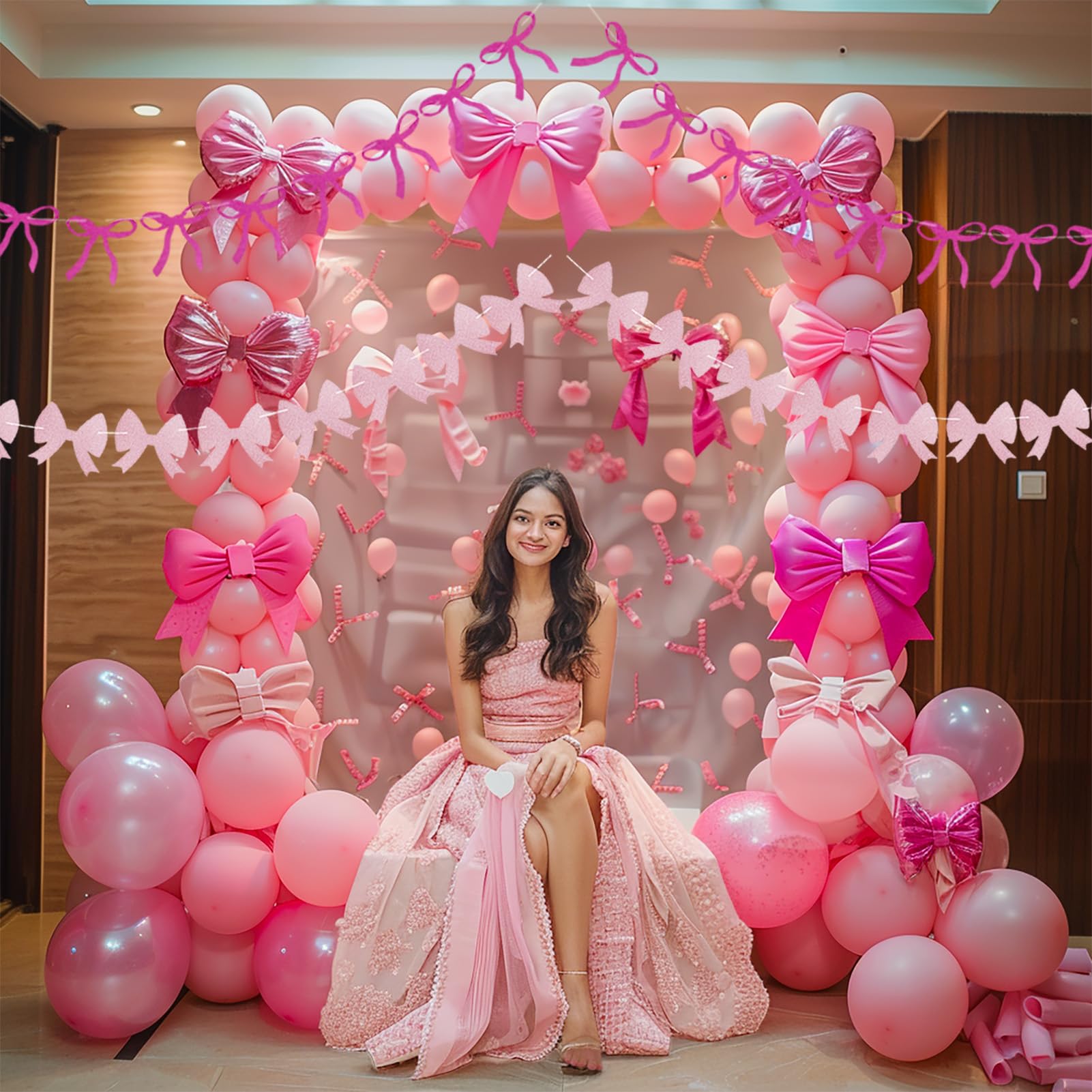 Pink Bow Birthday Party Decorations - Complete Kit With Banner, Balloons & Cake Toppers