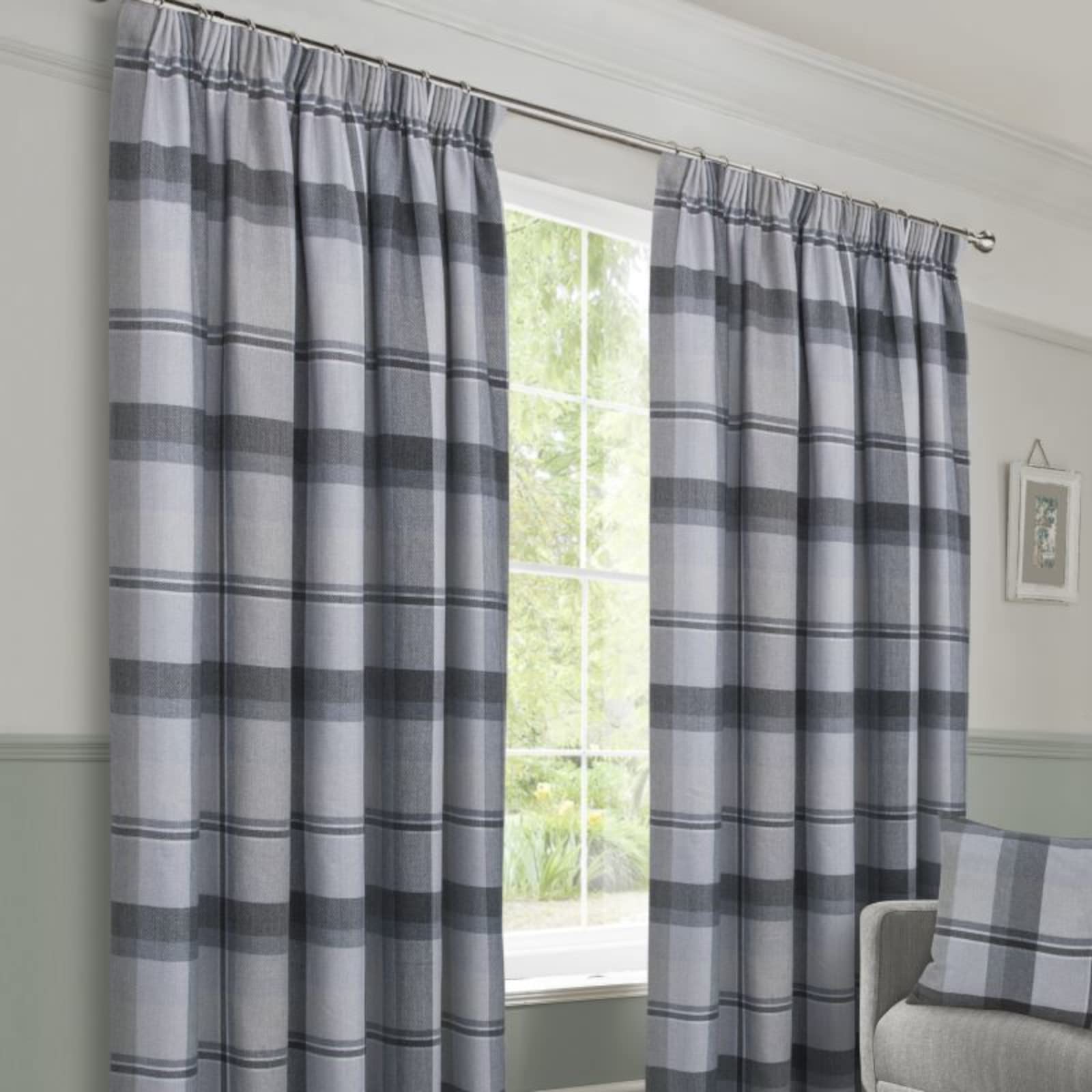 Kellyuk Grey Braemar Faux Wool Check/Checked Highland Tartan Tape Top Lined Curtains (, 65" X 72", Pair)