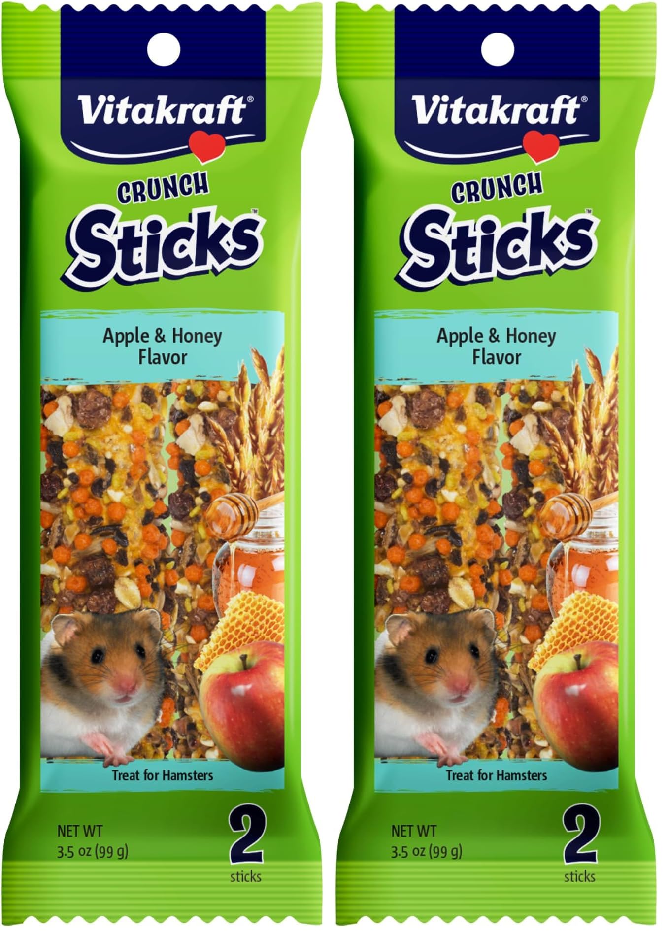 Vitakraft Crunch Sticks Hamster Treats Apple and Honey Flavor - Wholesome Crunchy Chew Sticks for Hamsters and Gerbils - Enrichment Chew Toy with Natural Wood Core, 2 Count (Pack of 2)