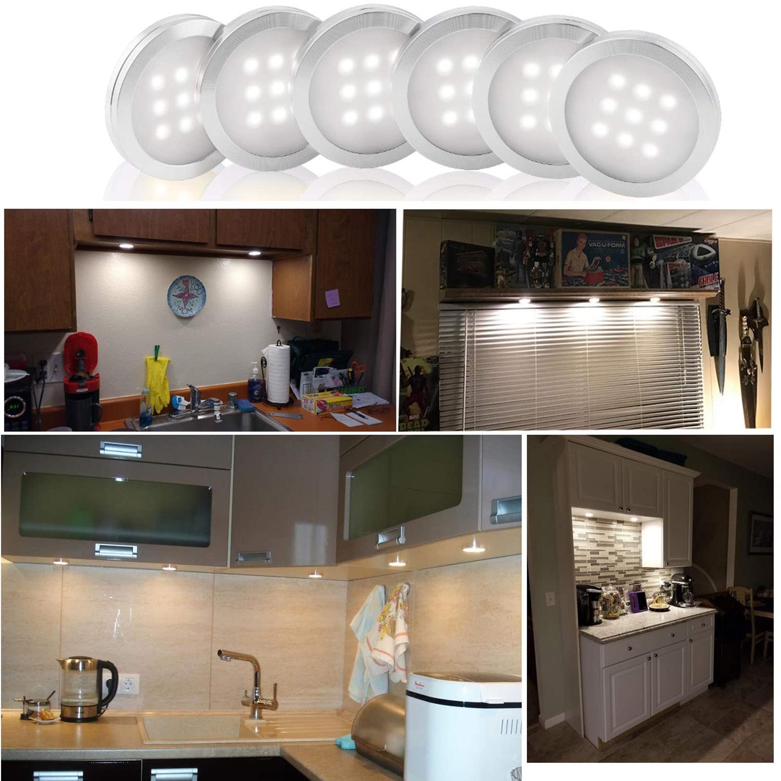 Kompaktowy okrągły zestaw lamp LED z transformatorem, mocowanie ścienne/samoprzylepne, do szafy, szafki kuchennej/półki, bardzo cienkie i energooszczędne (białe, 15 W (12 V))