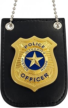 Police Badge with Chain and Belt Clip, Detective Role Play Costume Accessory, Gold