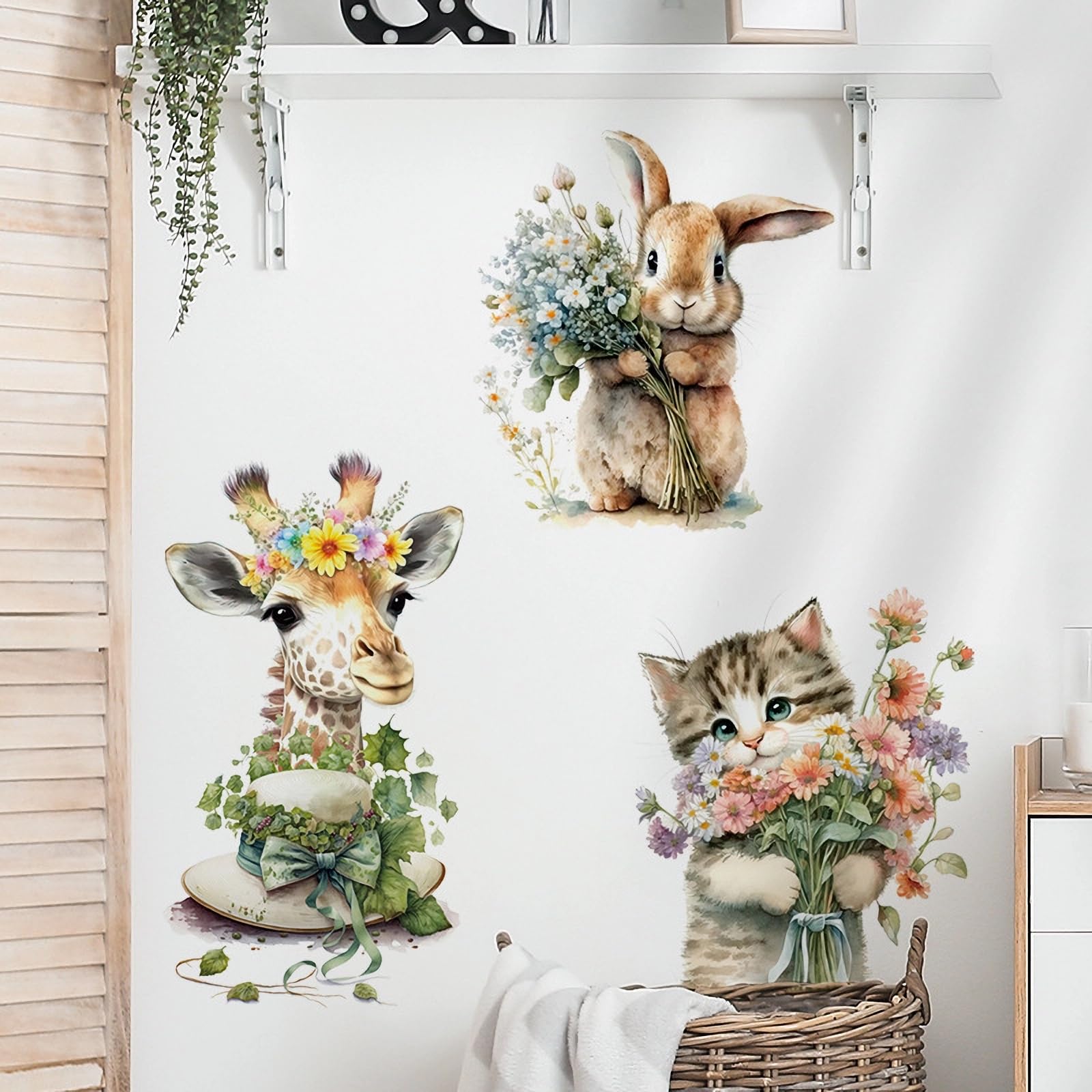 Cute Baby Giraffe Bunny Kitten Wall Stickers, sacinora Cartoon Bouquet Animals Wall Decals Rabbit Cat Removable Vinyl Peel and Stick for Kids Bedroom Playroom Nursery Art Decorations