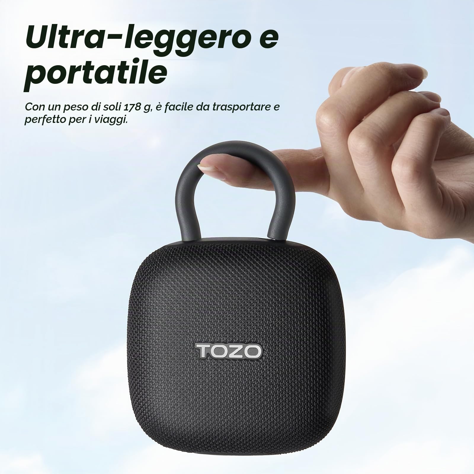 TOZO PE1 Casse Bluetooth Portatile con Moschettone Regolabile, 32 Ore | IPX8 Mini Altoparlante Bluetooth per Doccia Bassi Potenti Per Casa, Esterni e Viaggi
