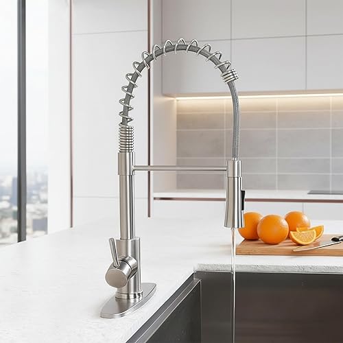 Miniatura 6 de KINGO HOME Grifo de fregadero de cocina con rociador extraíble, grifo de barra de acero inoxidable de níquel cepillado de una sola manija, grifos