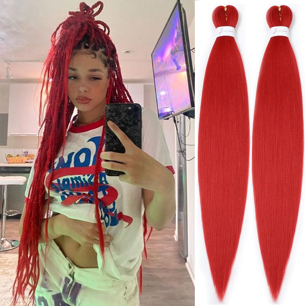 Red Braiding Hair Pre Stretched 30 Inch 2 Pack Color Braiding Hair Pre Stretched Long Braiding Hair Extensions Yaki Braiding Hair Natural Hot Water Setting Braiding Hair (30 Inch (Pack of 2), Red)