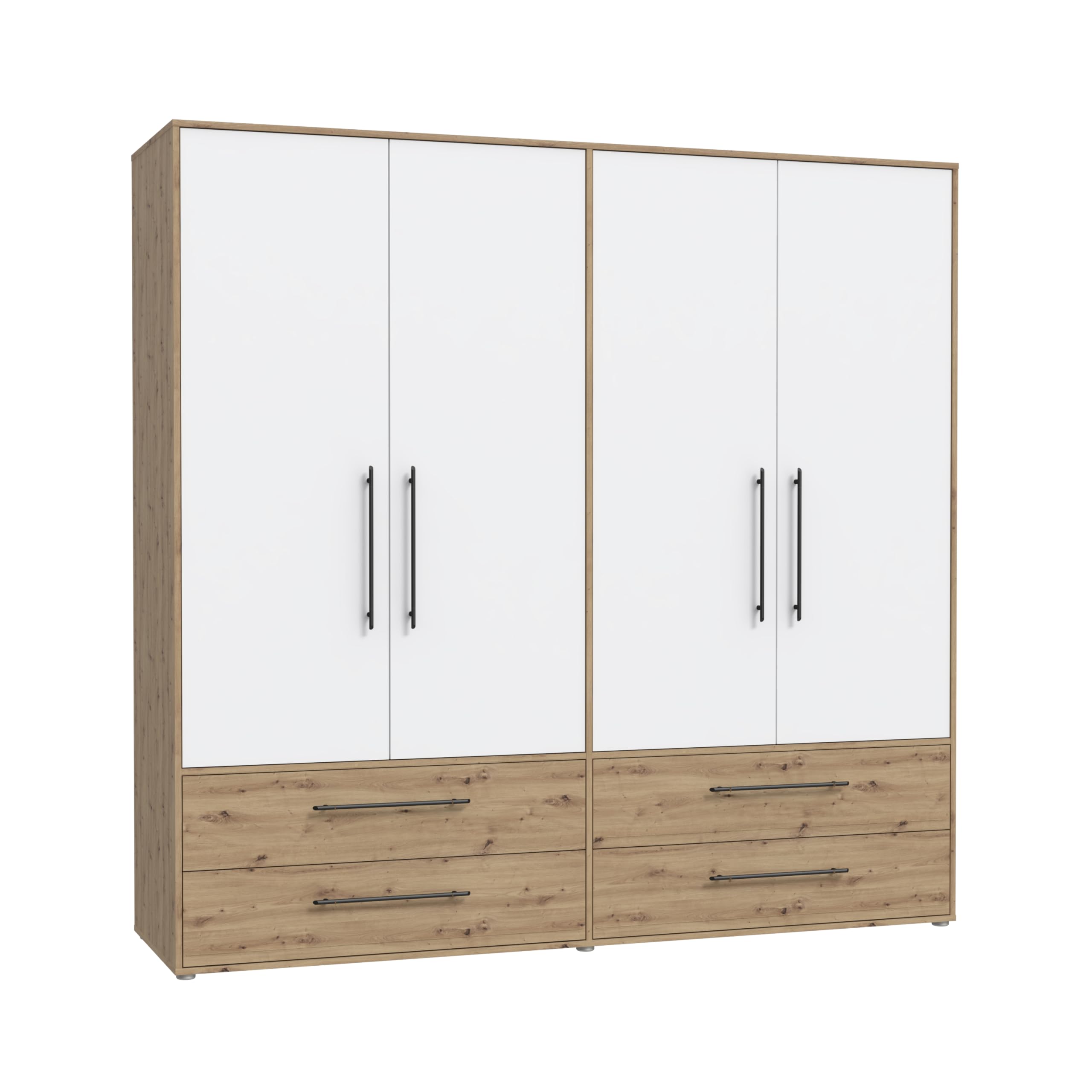 FORTE Jupiter Schrank 200 210, weißer Kleiderschrank, Drehtürenschrank, 4-türig, mit 2 Schubladen und Einlegeböden, Weiß mit Holz Dekor: Artisan Eiche, 206 cm breit x 59 cm tief x 200 cm hoch