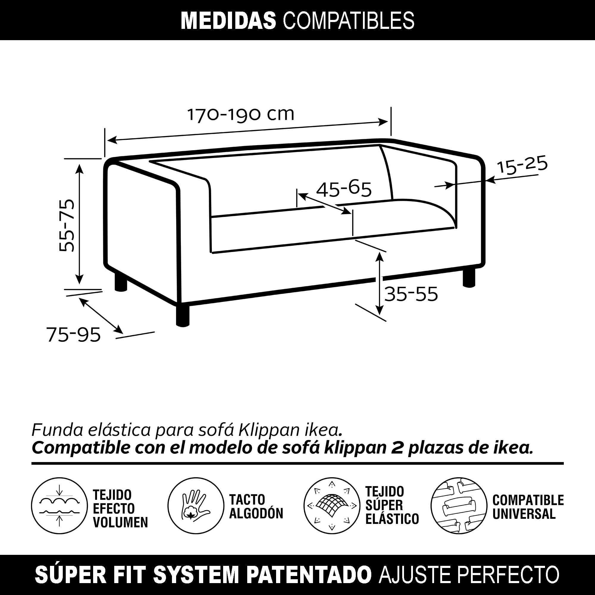 FAVERTI® Funda Super Elástica Sofá Compatible con el Sofá KLIPPAN 2 plazas de IKEA | Modelo NOVELE | Negro | Protector de Calidad de Tejido Jacquard Tacto algodón