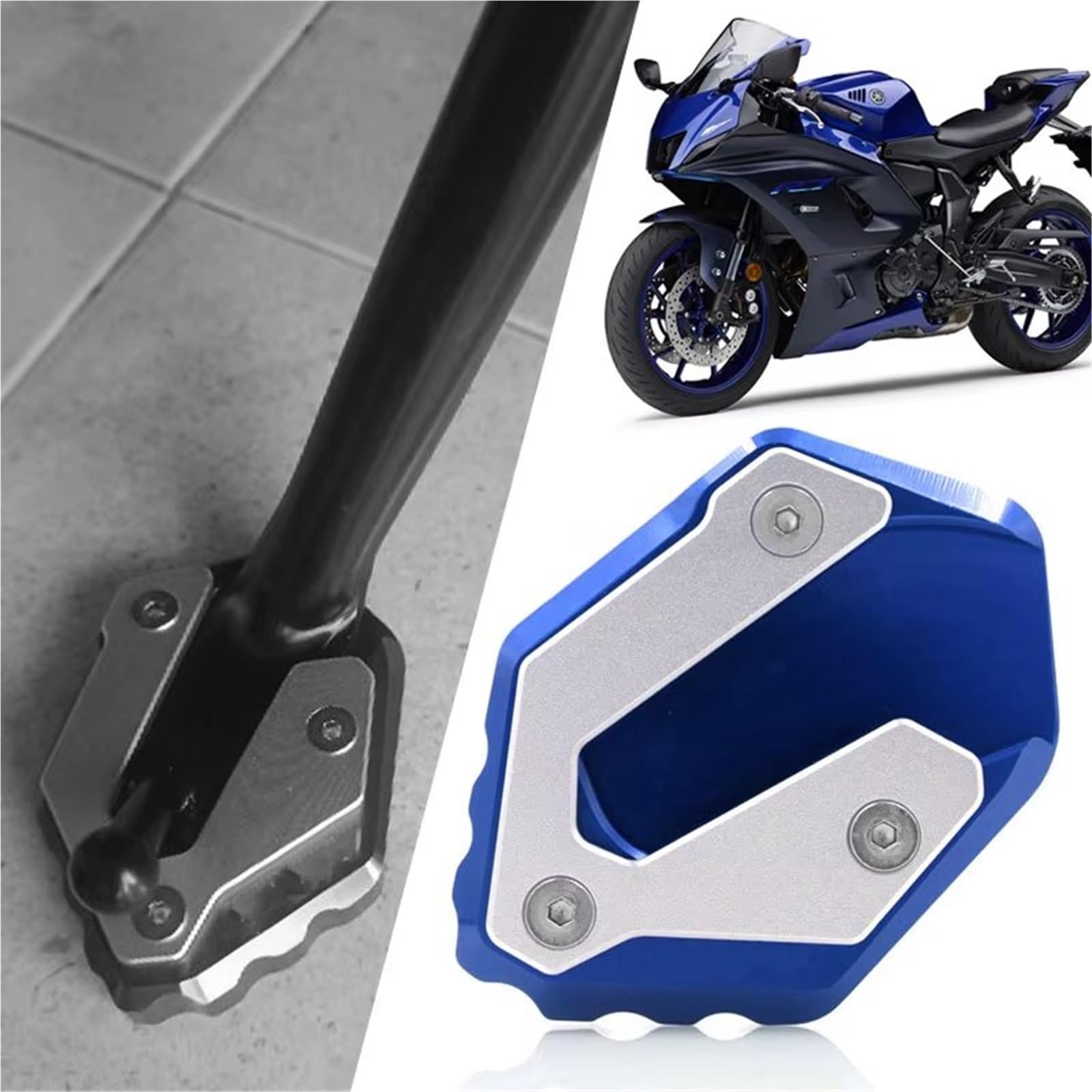 Kompatibel Mit Yamaha Für YZFR7 2021 2022 2023 Motorrad Kickstand Fuß Seitenständer Verlängerung Pad Stützplatte Vergrößern Seitenständer Platte(Blue)